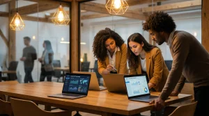Equipo de profesionales analizando estrategias de protección de datos en una oficina moderna con luz cálida.